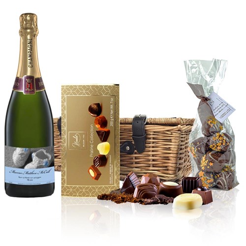 Personalised Champagne - Baby Boy Label And Chocolates Hamper